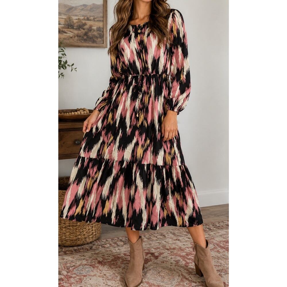 ZENANE Abstract Ikat Print Boho Midi Dress Drawstring Waist Long Size 44 US L/XL